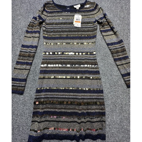 ECI New York Dress Womens Small Blue Gold Metallic Striped Sequin Long‎ Sleeve - Picture 1 of 15